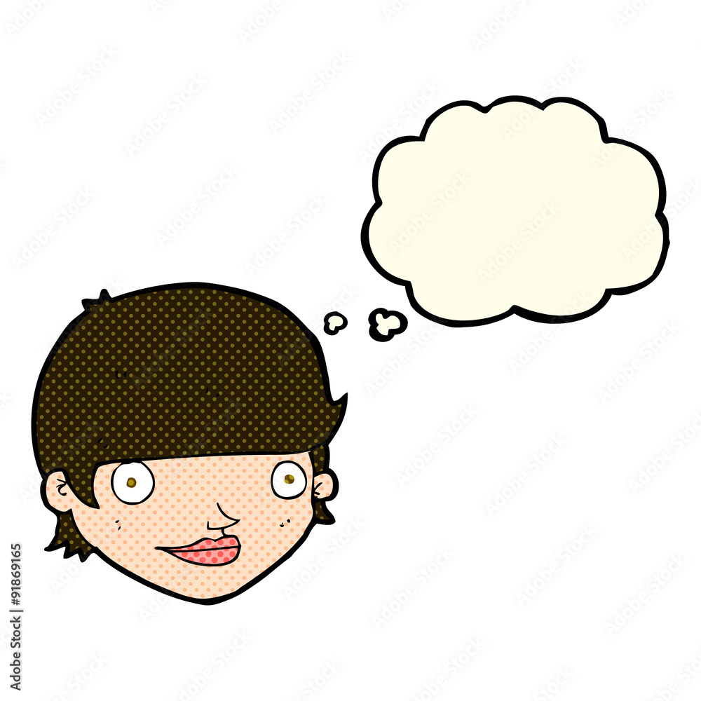 cartoon happy female face with thought bubble