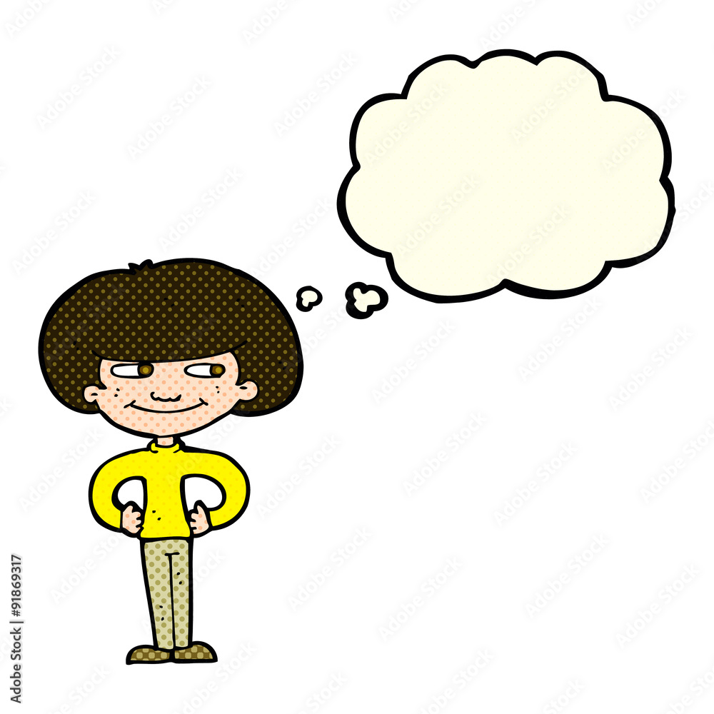 cartoon boy with hands on hips with thought bubble