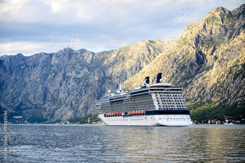 Beautiful view on the big cruise ship in the Adriatic sea, Kotor.