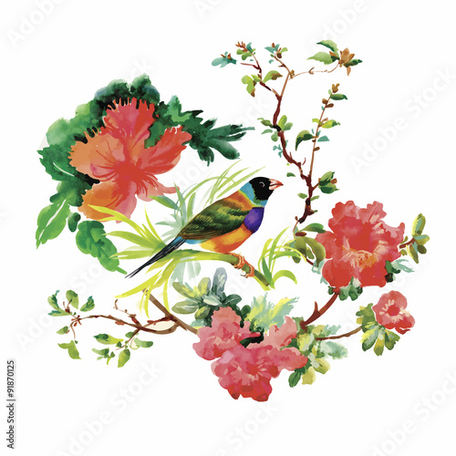Watercolor hand drawn pattern with tropical summer flowers of © kostanproff