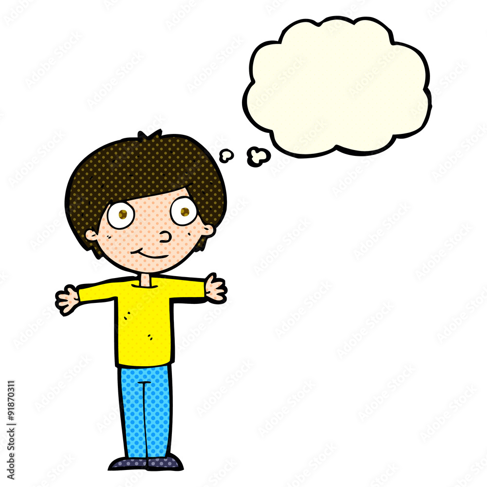 cartoon happy boy with open arms with thought bubble cartoon happy boy with open arms with thought bubble