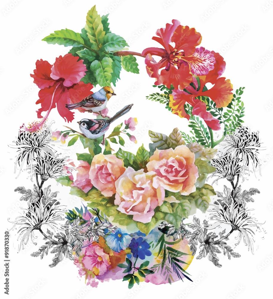 Watercolor hand drawn pattern with tropical summer flowers of Watercolor hand drawn pattern with tropical summer flowers of