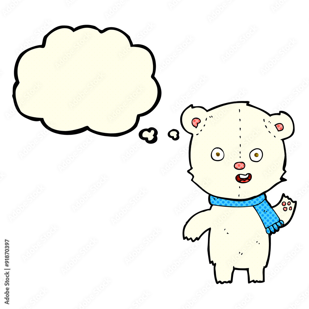 cartoon waving polar bear cub with scarf with thought bubble