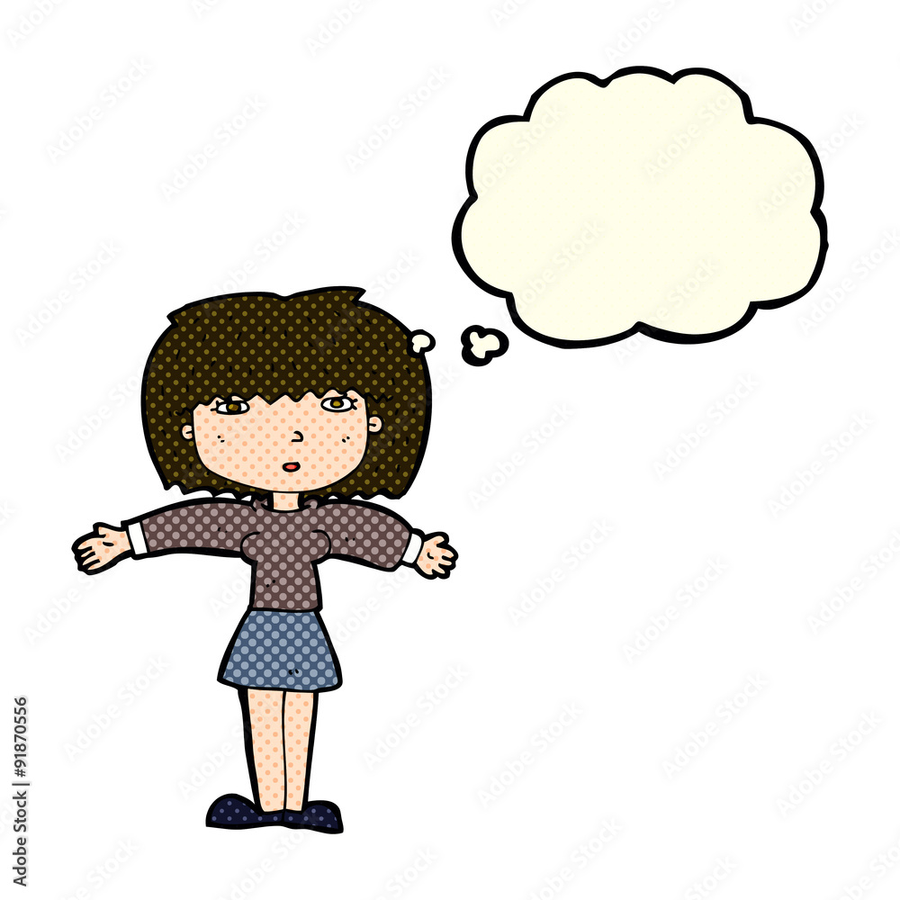 cartoon woman shrugging shoulders with thought bubble cartoon woman shrugging shoulders with thought bubble