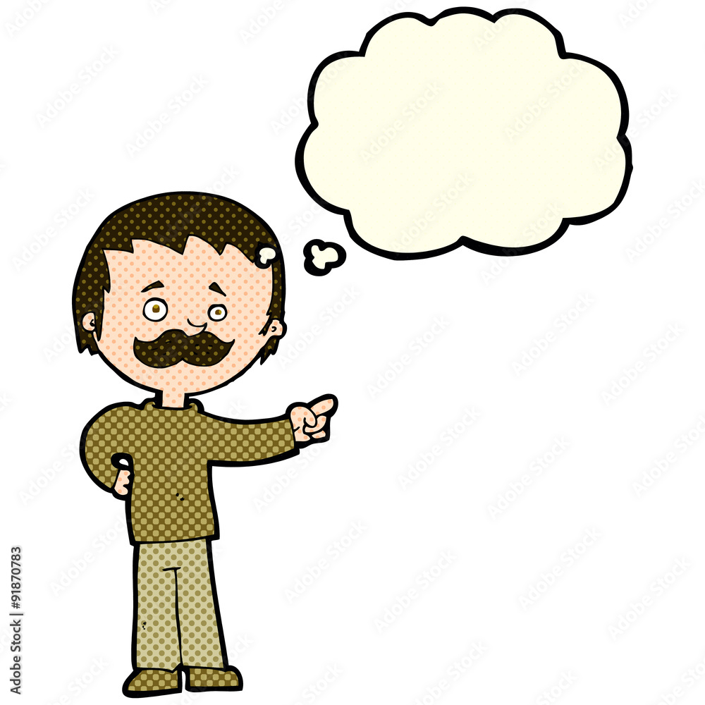 cartoon man with mustache pointing with thought bubble