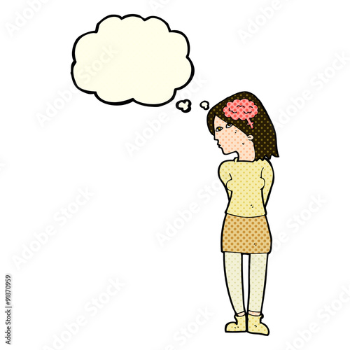 cartoon brainy woman with thought bubble