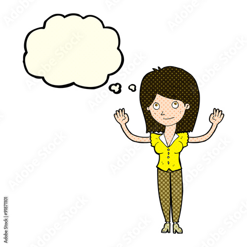 cartoon woman holding up hands with thought bubble