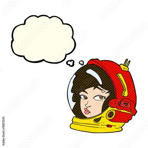 cartoon female astronaut with thought bubble