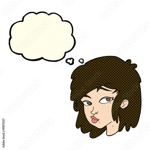 cartoon curious woman with thought bubble