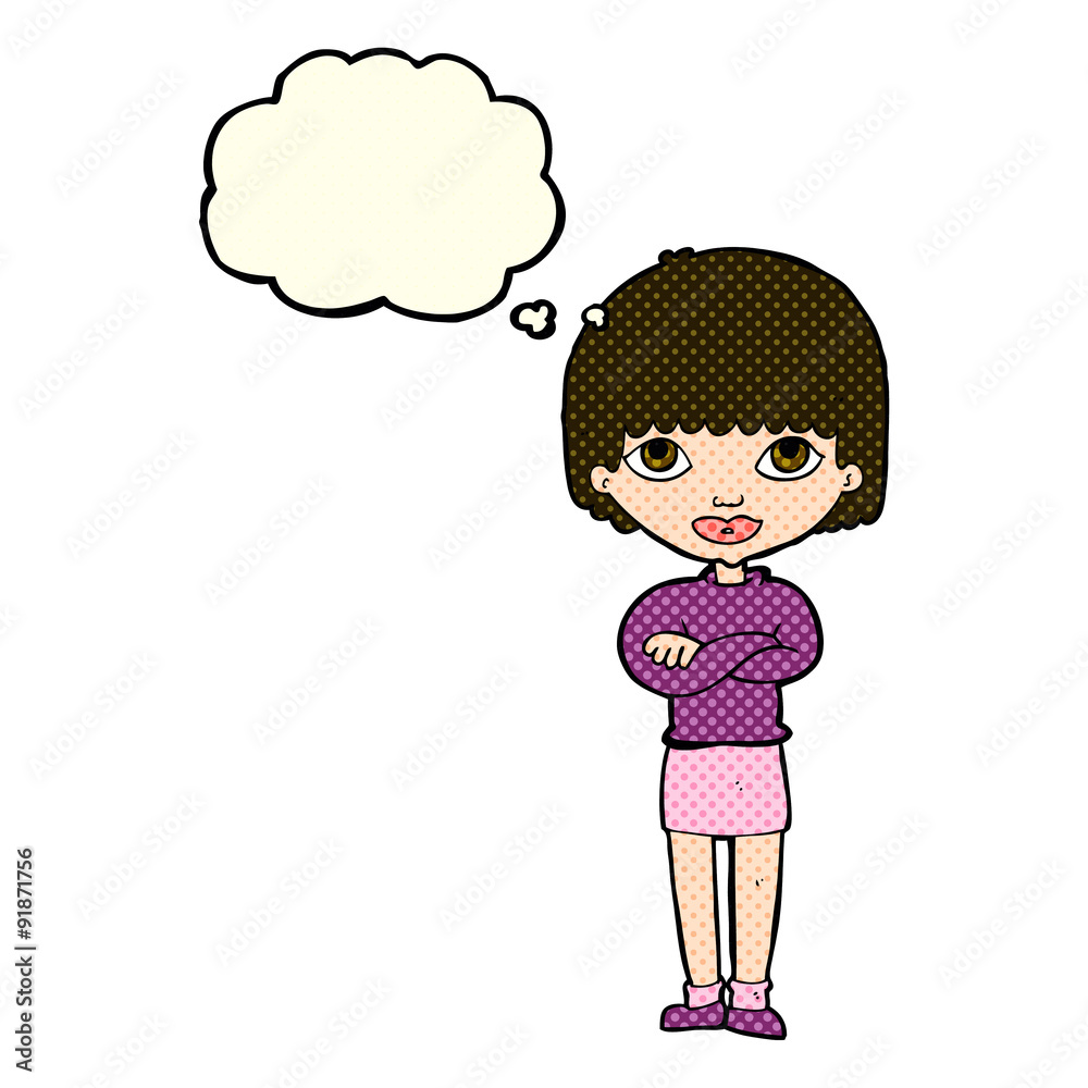 cartoon woman with folded arms with thought bubble cartoon woman with folded arms with thought bubble