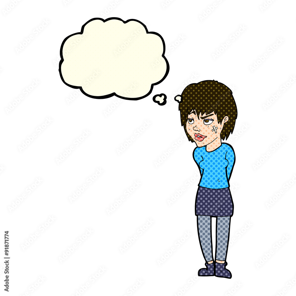 cartoon woman with plaster on face with thought bubble cartoon woman with plaster on face with thought bubble