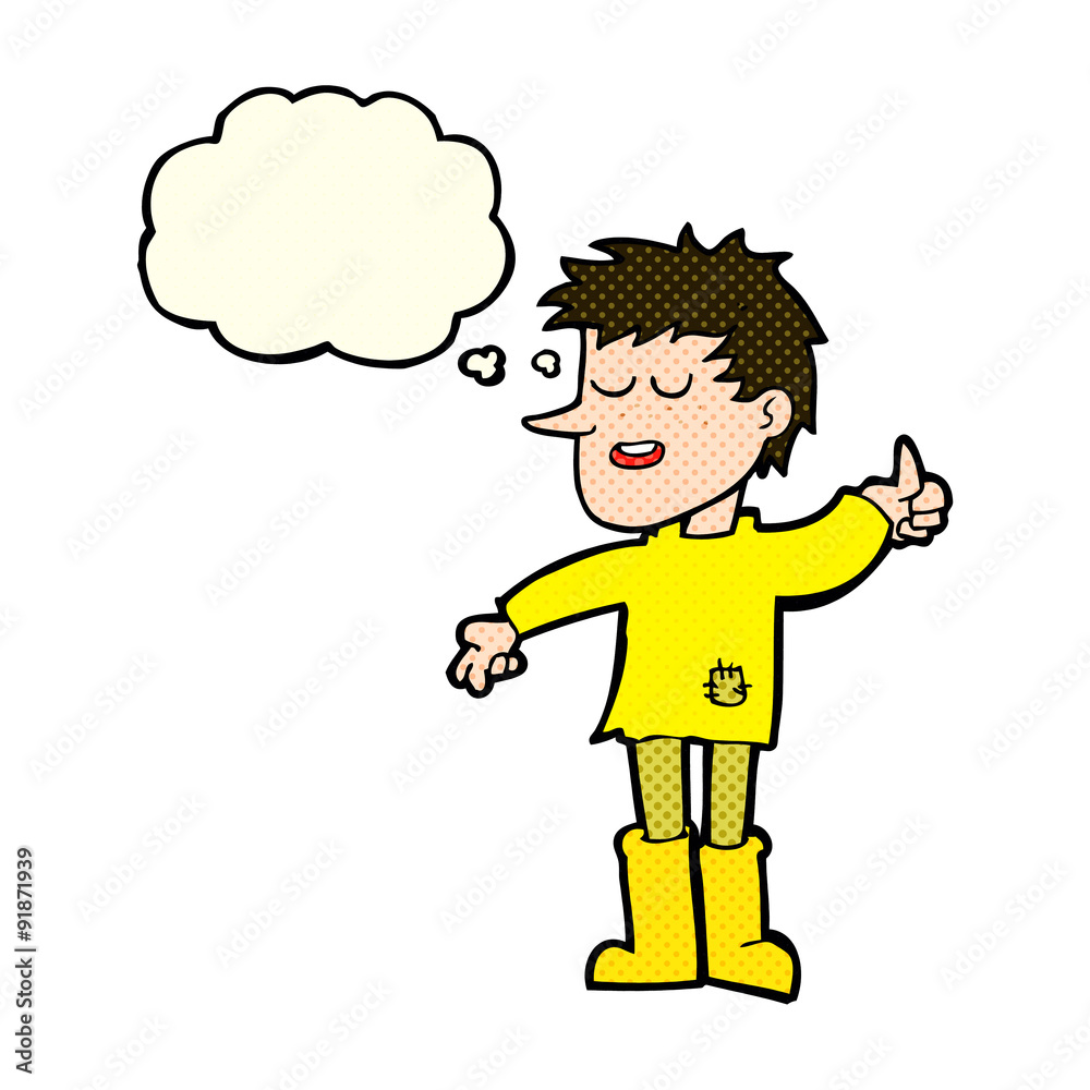 Fototapeta premium cartoon poor boy with positive attitude with thought bubble