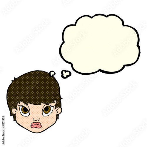 cartoon sulking woman with thought bubble