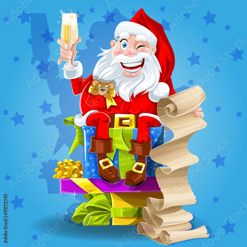 Santa Claus with gifts and champagne