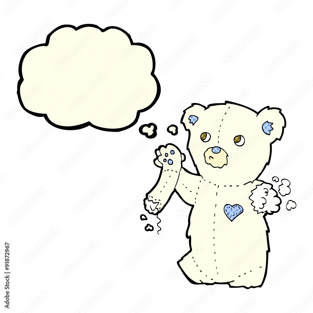 cartoon teddy polar bear with torn arm with thought bubble