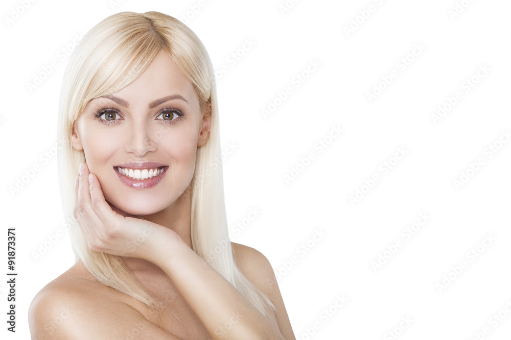 portrait of attractive caucasian smiling woman blond isolated on portrait of attractive caucasian smiling woman blond isolated on