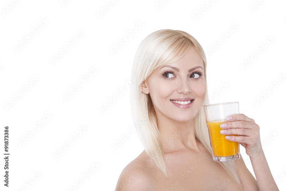 Young woman with glass of orange juice. Female model happy smile Young woman with glass of orange juice. Female model happy smile