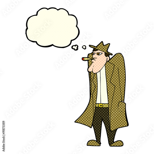 cartoon man in hat and trench coat with thought bubble