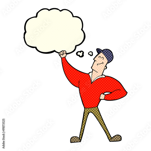 cartoon man striking heroic pose with thought bubble