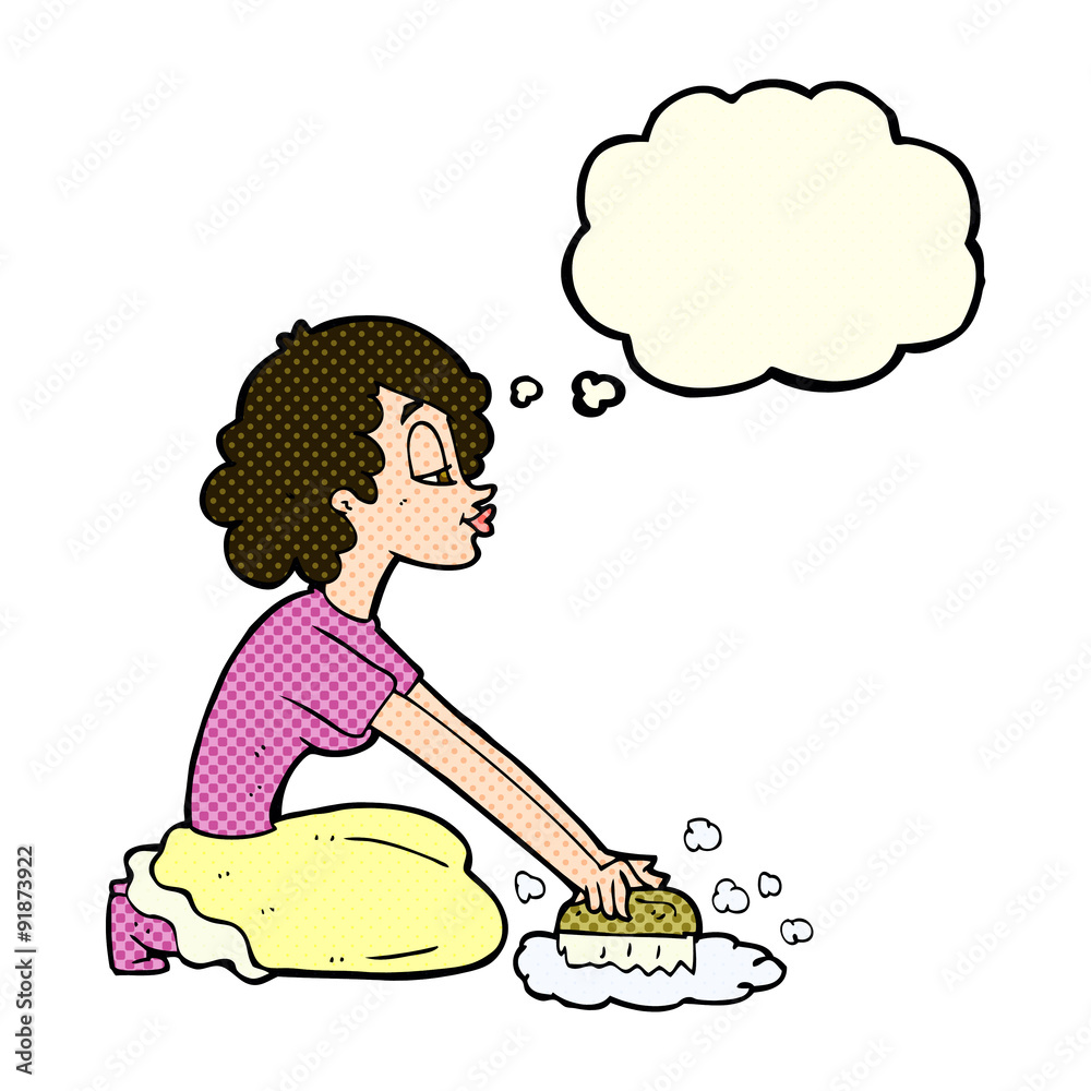 Fototapeta premium cartoon woman scrubbing floor with thought bubble