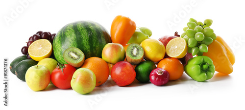 Fresh vegetables and fruits  isolated on white