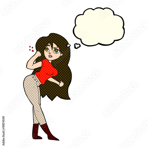 cartoon woman raising fist with thought bubble