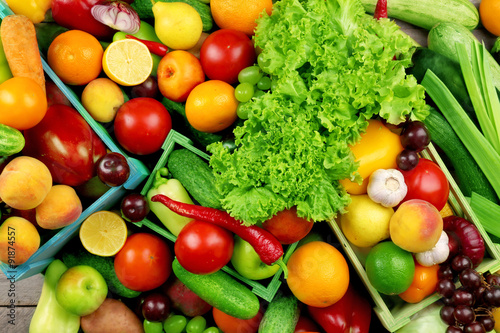 Heap of fresh fruits and vegetables close up