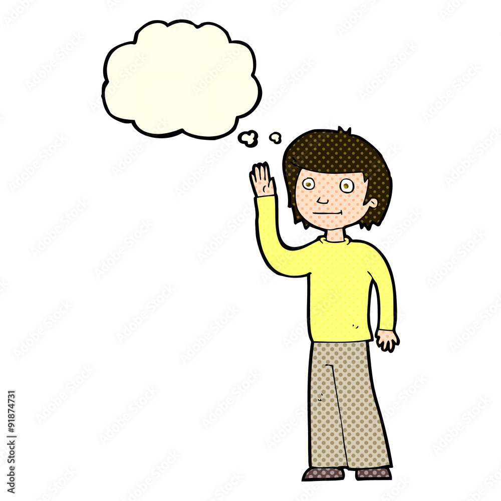 cartoon friendly boy waving with thought bubble cartoon friendly boy waving with thought bubble
