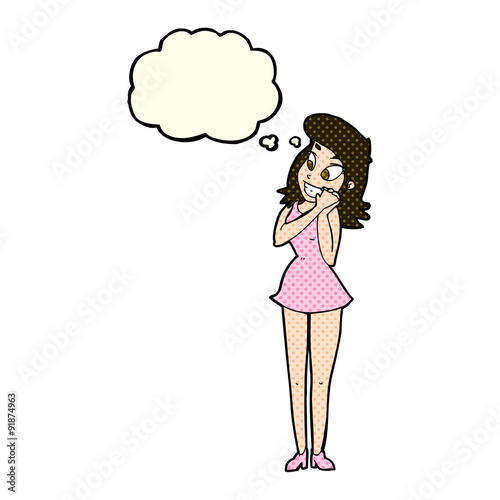 cartoon excited woman with thought bubble