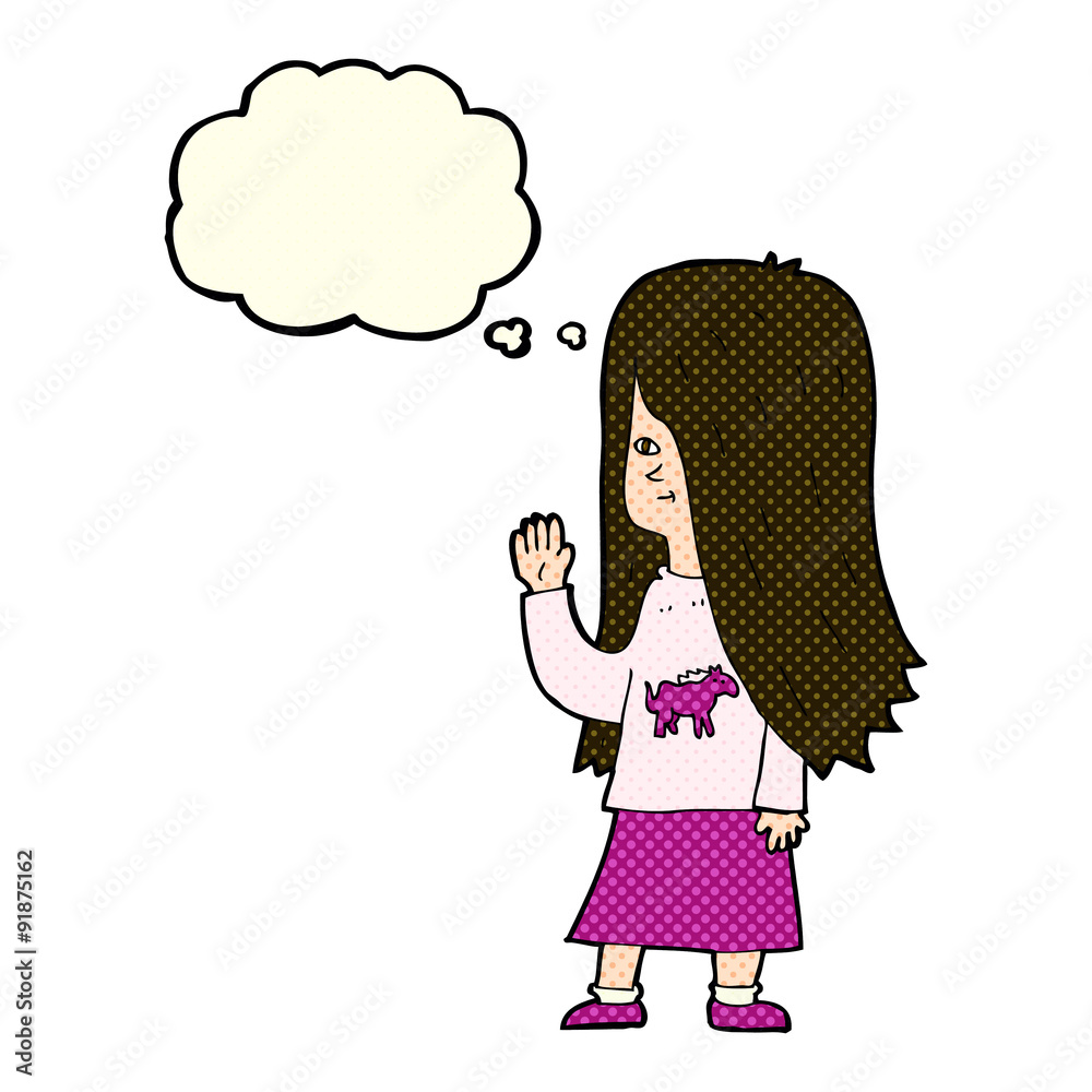 cartoon girl with pony shirt waving with thought bubble cartoon girl with pony shirt waving with thought bubble
