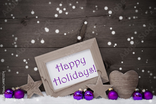 Gray Purple Christmas Decoration Text Happy Holidays, Snowflakes