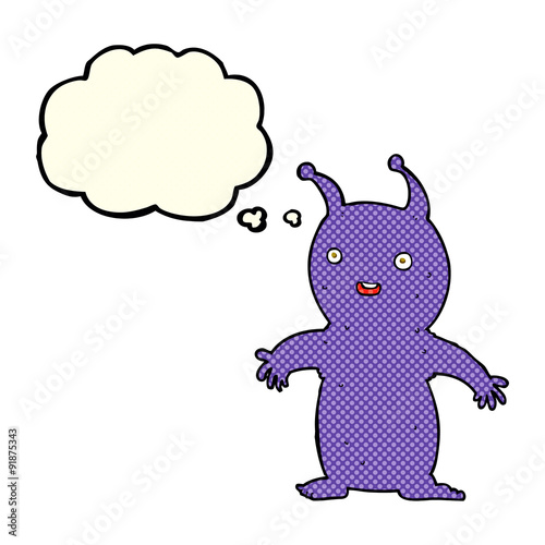 cartoon happy little alien with thought bubble