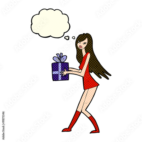 cartoon fashion girl with present with thought bubble