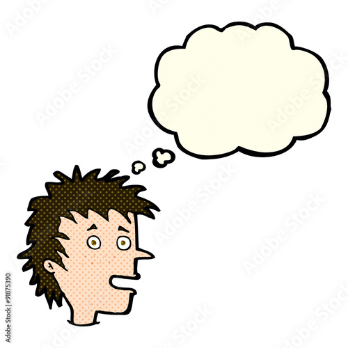 cartoon excited boy with thought bubble