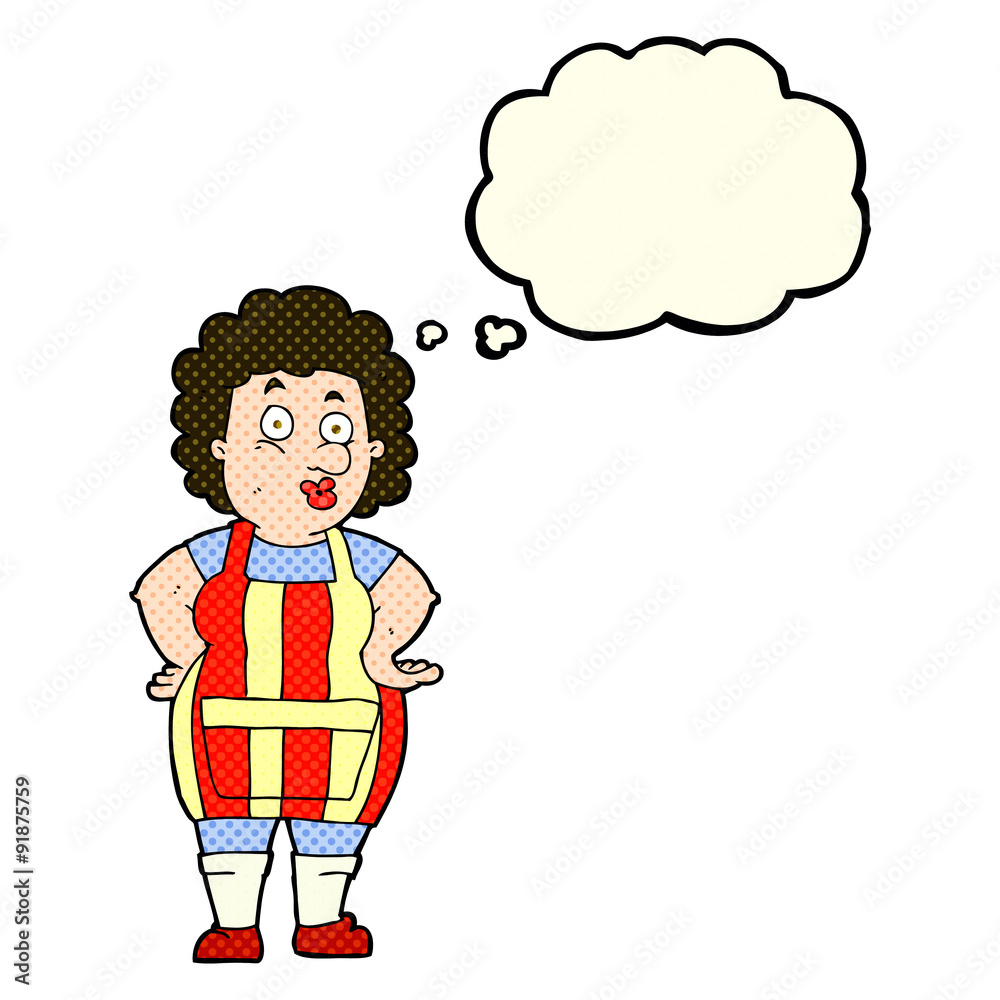 Fototapeta cartoon woman in kitchen apron with thought bubble