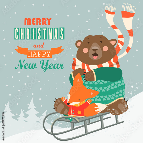 Frightened bear and happy fox rolling down a hill on sleds