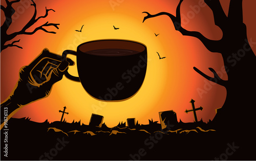  Zombie hand holding coffee cup in the grave in the cemetery at night. This illustration is Halloween theme