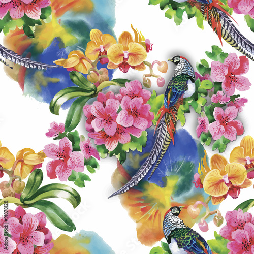 Wild Pheasant animals birds in watercolor floral seamless