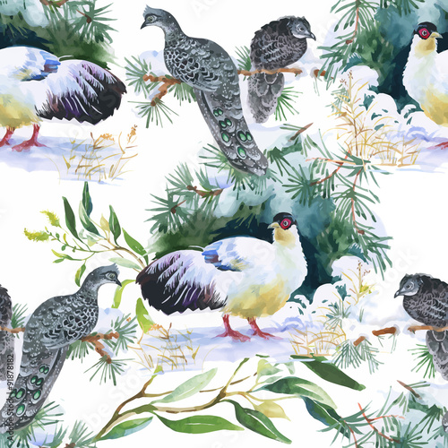 Wild Pheasant animals birds in watercolor floral seamless