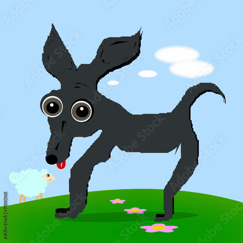 Un lobo y una oveja en el campo, algo horrible va a suceder.