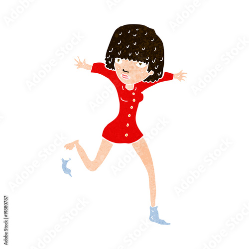 cartoon woman kicking off sock