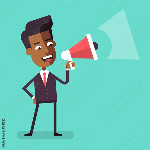 Handsome african american businessman in formal suit holding megaphone and shouting in it. Cartoon character - happy manager with bullhorn. Business concept. Vector flat design illustration.