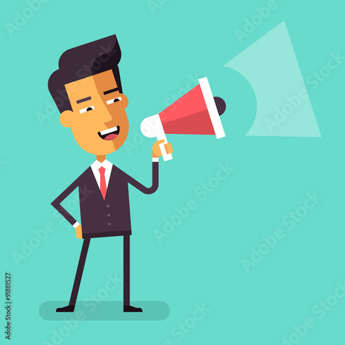 Handsome asian businessman in formal suit holding megaphone and shouting in it. Cartoon character - happy manager with bullhorn. Business concept. Vector flat design illustration.