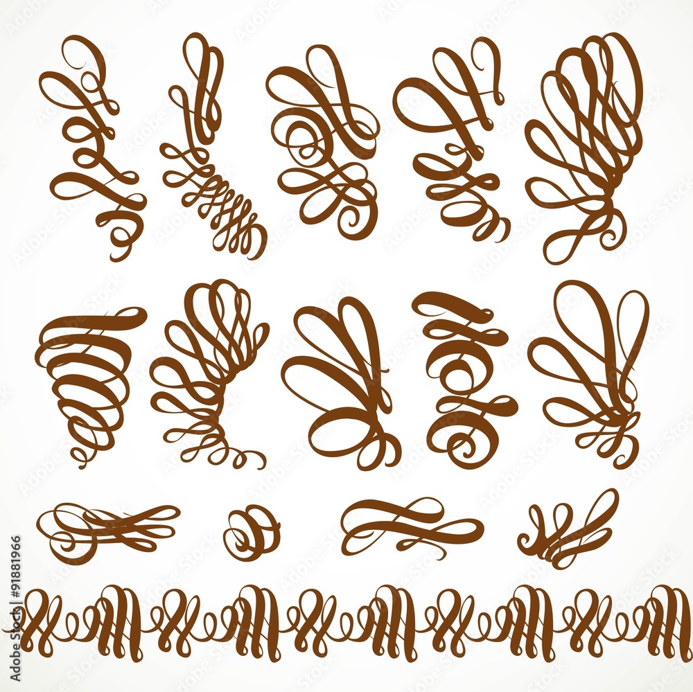 Fototapeta premium Calligraphic vintage rounded curls elements set 1 isolated on a