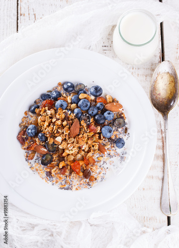 Granola with milk,fresh blueberries and Chia seeds