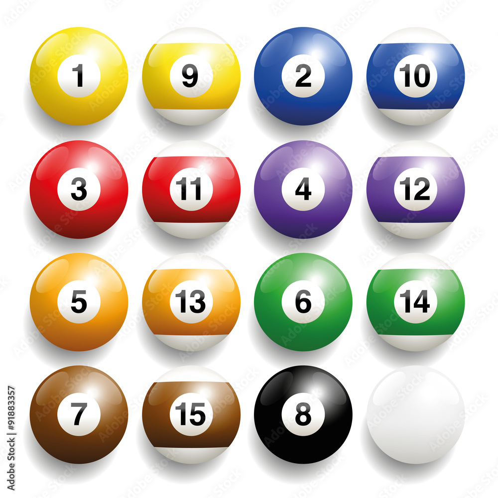 Billiard balls - commonly used colors. Three-dimensional and realistic looking, isolated vector illustration on white background. Billiard balls - commonly used colors. Three-dimensional and realistic looking, isolated vector illustration on white background.
