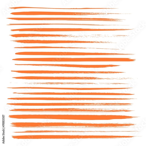 Big set of long texture of dry brush strokes of orange paint