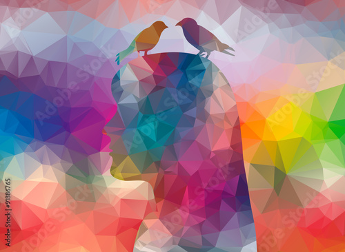 low poly head birds background