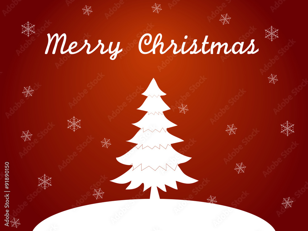 Christmas card in red with flat style, white tree and snow Christmas card in red with flat style, white tree and snow