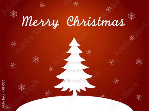 Christmas card in red with flat style, white tree and snow